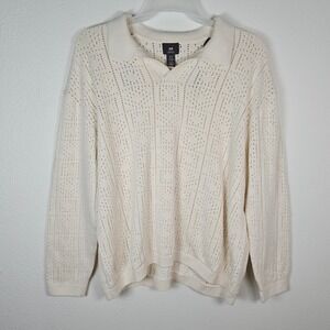 H&M Mens Cozy Fall Cream Cotton Knit Polo Sweater Textured Holes Loose Fit XL